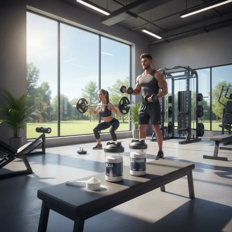 Dosettes de BCAA et glutamine posées à côté d'un shaker en salle de sport