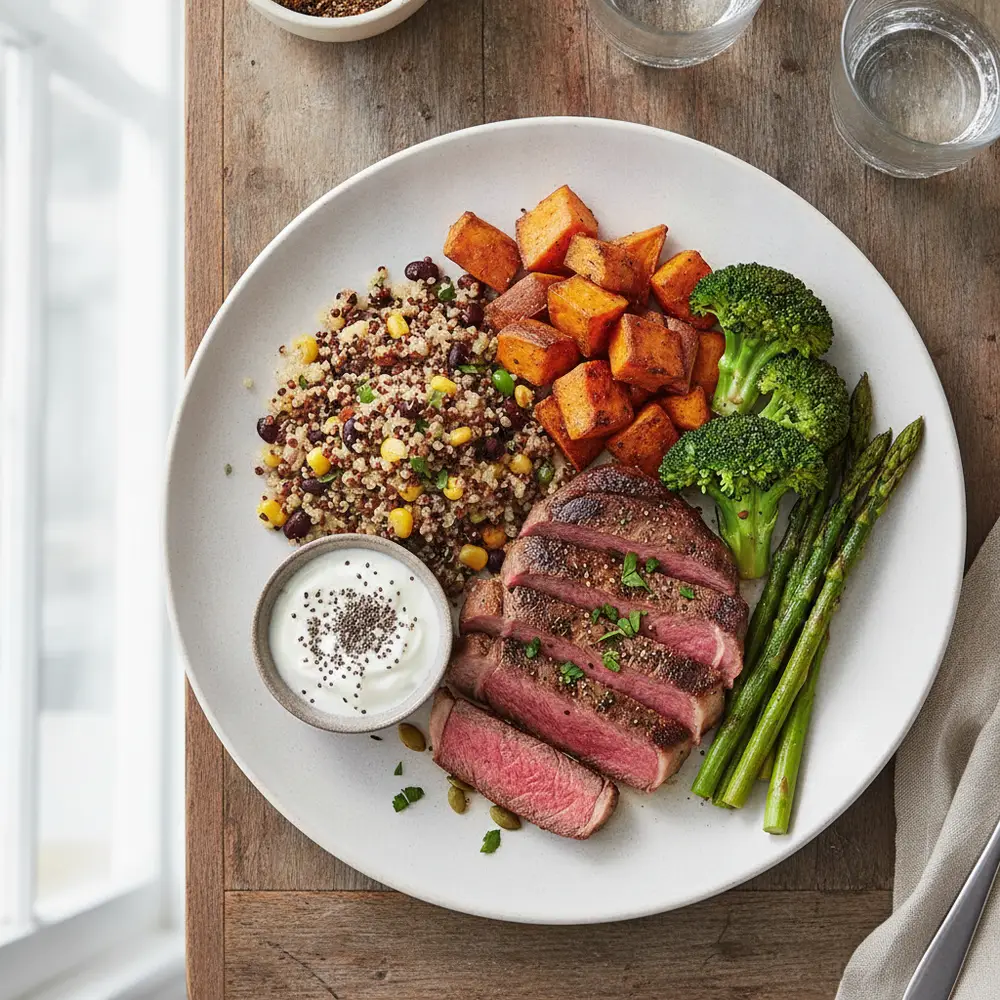 Assiette riche en protéines et glucides pour une prise de masse