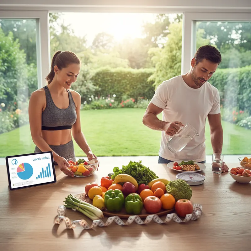 Assiette équilibrée et balance illustrant le principe du déficit calorique